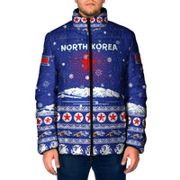 North Korea Christmas Padded Jacket with Blue Pattern, Red Star, and Snowy Mountain Motif - Wonder Print Shop