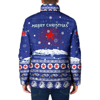 North Korea Christmas Padded Jacket with Blue Pattern, Red Star, and Snowy Mountain Motif - Wonder Print Shop