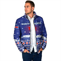 North Korea Christmas Padded Jacket with Blue Pattern, Red Star, and Snowy Mountain Motif - Wonder Print Shop