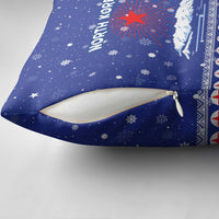 North Korea Christmas Pillow Cover with Blue Pattern, Red Star, and Snowy Mountain Motif - Wonder Print Shop