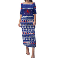 North Korea Christmas Puletasi with Blue Pattern, Red Star, and Snowy Mountain Motif - Wonder Print Shop