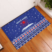 North Korea Christmas Rubber Doormat with Blue Pattern, Red Star, and Snowy Mountain Motif - Wonder Print Shop