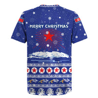North Korea Christmas Rugby Jersey with Blue Pattern, Red Star, and Snowy Mountain Motif - Wonder Print Shop