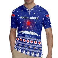 North Korea Christmas Rugby Jersey with Blue Pattern, Red Star, and Snowy Mountain Motif - Wonder Print Shop