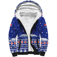 North Korea Christmas Sherpa Hoodie with Blue Pattern, Red Star, and Snowy Mountain Motif - Wonder Print Shop