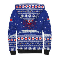 North Korea Christmas Sherpa Hoodie with Blue Pattern, Red Star, and Snowy Mountain Motif - Wonder Print Shop