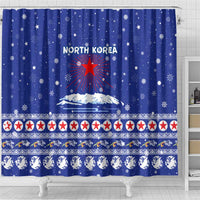 North Korea Christmas Shower Curtain with Blue Pattern, Red Star, and Snowy Mountain Motif - Wonder Print Shop