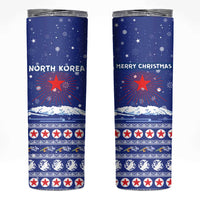 North Korea Christmas Skinny Tumbler with Blue Pattern, Red Star, and Snowy Mountain Motif - Wonder Print Shop