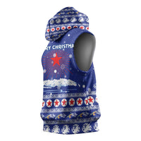 North Korea Christmas Sleeveless Hoodie with Blue Pattern, Red Star, and Snowy Mountain Motif - Wonder Print Shop