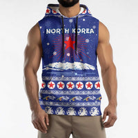 North Korea Christmas Sleeveless Hoodie with Blue Pattern, Red Star, and Snowy Mountain Motif - Wonder Print Shop
