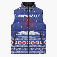 North Korea Christmas Sleeveless Puffer Jacket with Blue Pattern, Red Star, and Snowy Mountain Motif - Wonder Print Shop