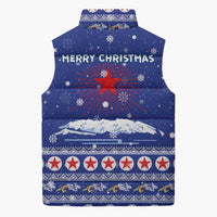 North Korea Christmas Sleeveless Puffer Jacket with Blue Pattern, Red Star, and Snowy Mountain Motif - Wonder Print Shop