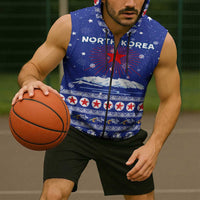 North Korea Christmas Sleeveless Zip Hoodie with Blue Pattern, Red Star, and Snowy Mountain Motif - Wonder Print Shop