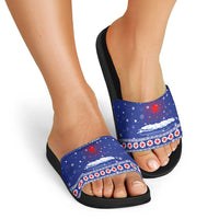 North Korea Christmas Slide Sandals with Blue Pattern, Red Star, and Snowy Mountain Motif - Wonder Print Shop