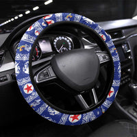 North Korea Christmas Steering Wheel Cover with Blue Pattern, Red Star, and Snowy Mountain Motif - Wonder Print Shop