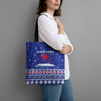 North Korea Christmas Tote Bag with Blue Pattern, Red Star, and Snowy Mountain Motif - Wonder Print Shop
