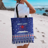 North Korea Christmas Tote Bag with Blue Pattern, Red Star, and Snowy Mountain Motif - Wonder Print Shop