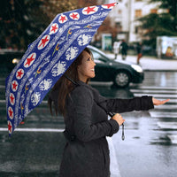 North Korea Christmas Umbrella with Blue Pattern, Red Star, and Snowy Mountain Motif - Wonder Print Shop