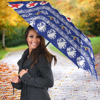 North Korea Christmas Umbrella with Blue Pattern, Red Star, and Snowy Mountain Motif - Wonder Print Shop