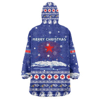North Korea Christmas Wearable Blanket Hoodie with Blue Pattern, Red Star, and Snowy Mountain Motif - Wonder Print Shop