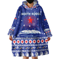 North Korea Christmas Wearable Blanket Hoodie with Blue Pattern, Red Star, and Snowy Mountain Motif - Wonder Print Shop