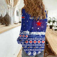 North Korea Christmas Women Casual Shirt with Blue Pattern, Red Star, and Snowy Mountain Motif - Wonder Print Shop
