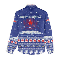 North Korea Christmas Women Casual Shirt with Blue Pattern, Red Star, and Snowy Mountain Motif - Wonder Print Shop