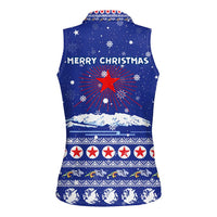 North Korea Christmas Women Sleeveless Polo Shirt with Blue Pattern, Red Star, and Snowy Mountain Motif - Wonder Print Shop