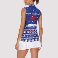 North Korea Christmas Women Sleeveless Polo Shirt with Blue Pattern, Red Star, and Snowy Mountain Motif - Wonder Print Shop