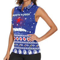 North Korea Christmas Women Sleeveless Polo Shirt with Blue Pattern, Red Star, and Snowy Mountain Motif - Wonder Print Shop