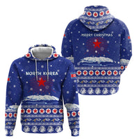 North Korea Christmas Zip Hoodie with Blue Pattern, Red Star, and Snowy Mountain Motif - Wonder Print Shop