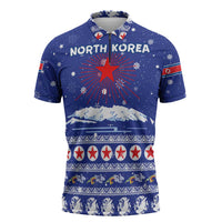 North Korea Christmas Zipper Polo Shirt with Blue Pattern, Red Star, and Snowy Mountain Motif - Wonder Print Shop