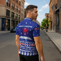 North Korea Christmas Zipper Polo Shirt with Blue Pattern, Red Star, and Snowy Mountain Motif - Wonder Print Shop