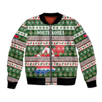 North Korea Christmas Bomber Jacket with Green-Red Design, National Emblem, and Festive Snowflake Motif - Wonder Print Shop