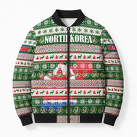 North Korea Christmas Bomber Puffer Jacket with Green-Red Design, National Emblem, and Festive Snowflake Motif - Wonder Print Shop