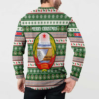 North Korea Christmas Button Sweatshirt with Green-Red Design, National Emblem, and Festive Snowflake Motif - Wonder Print Shop