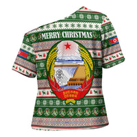 North Korea Christmas Cross Shoulder Shirt with Green-Red Design, National Emblem, and Festive Snowflake Motif - Wonder Print Shop