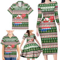 North Korea Christmas Family Matching Long Sleeve Bodycon Dress and Hawaiian Shirt with Green-Red Design, National Emblem, and Festive Snowflake Motif - Wonder Print Shop