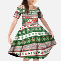 North Korea Christmas Family Matching Off The Shoulder Long Sleeve Dress and Hawaiian Shirt with Green-Red Design, National Emblem, and Festive Snowflake Motif - Wonder Print Shop