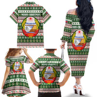 North Korea Christmas Family Matching Off The Shoulder Long Sleeve Dress and Hawaiian Shirt with Green-Red Design, National Emblem, and Festive Snowflake Motif - Wonder Print Shop