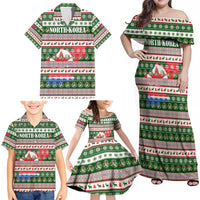 North Korea Christmas Family Matching Off Shoulder Maxi Dress and Hawaiian Shirt with Green-Red Design, National Emblem, and Festive Snowflake Motif - Wonder Print Shop