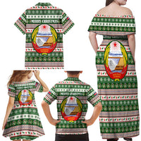 North Korea Christmas Family Matching Off Shoulder Maxi Dress and Hawaiian Shirt with Green-Red Design, National Emblem, and Festive Snowflake Motif - Wonder Print Shop