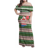 North Korea Christmas Family Matching Off Shoulder Maxi Dress and Hawaiian Shirt with Green-Red Design, National Emblem, and Festive Snowflake Motif - Wonder Print Shop