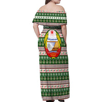 North Korea Christmas Family Matching Off Shoulder Maxi Dress and Hawaiian Shirt with Green-Red Design, National Emblem, and Festive Snowflake Motif - Wonder Print Shop