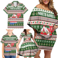 North Korea Christmas Family Matching Off Shoulder Short Dress and Hawaiian Shirt with Green-Red Design, National Emblem, and Festive Snowflake Motif - Wonder Print Shop