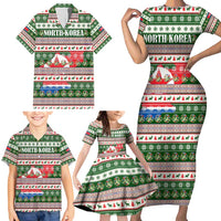 North Korea Christmas Family Matching Short Sleeve Bodycon Dress and Hawaiian Shirt with Green-Red Design, National Emblem, and Festive Snowflake Motif - Wonder Print Shop
