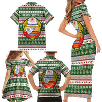 North Korea Christmas Family Matching Short Sleeve Bodycon Dress and Hawaiian Shirt with Green-Red Design, National Emblem, and Festive Snowflake Motif - Wonder Print Shop