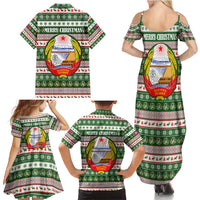 North Korea Christmas Family Matching Summer Maxi Dress and Hawaiian Shirt with Green-Red Design, National Emblem, and Festive Snowflake Motif - Wonder Print Shop