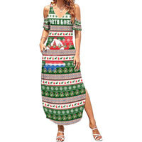 North Korea Christmas Family Matching Summer Maxi Dress and Hawaiian Shirt with Green-Red Design, National Emblem, and Festive Snowflake Motif - Wonder Print Shop
