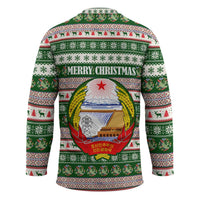 North Korea Christmas Hockey Jersey with Green-Red Design, National Emblem, and Festive Snowflake Motif - Wonder Print Shop